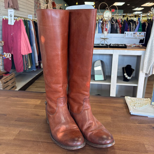 Frye Melissa Button Back Zip Brown Leather Tall Boots 10