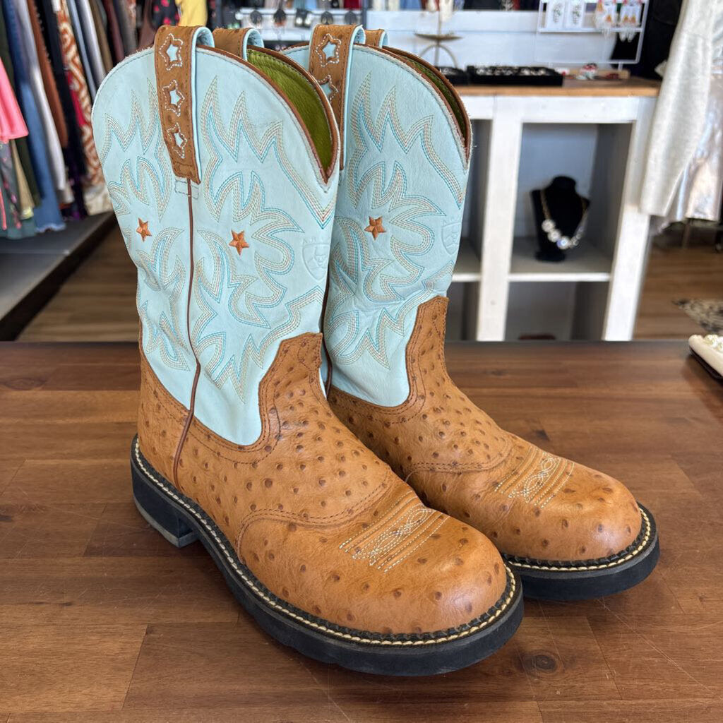 Ariat Tan/ Teal Leather Cowgirl Boots 9.5