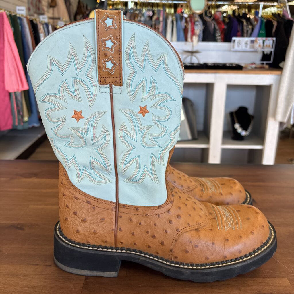 Ariat Tan/ Teal Leather Cowgirl Boots 9.5