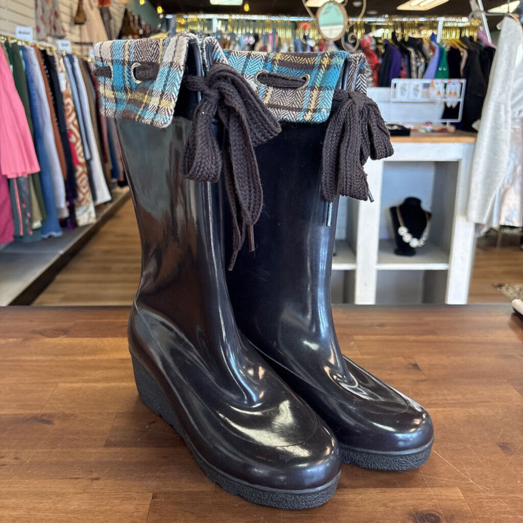 Sperry Topsider Brown Rubber Wedge Plaid Fold Over Tall Boots 8