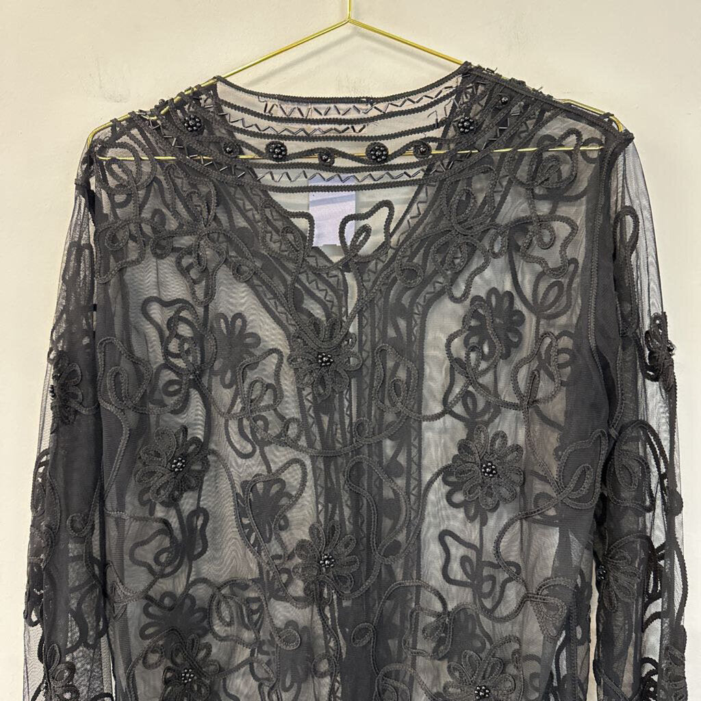 Vintage Adini Black Embroidered Beaded Sheer Jacket Large