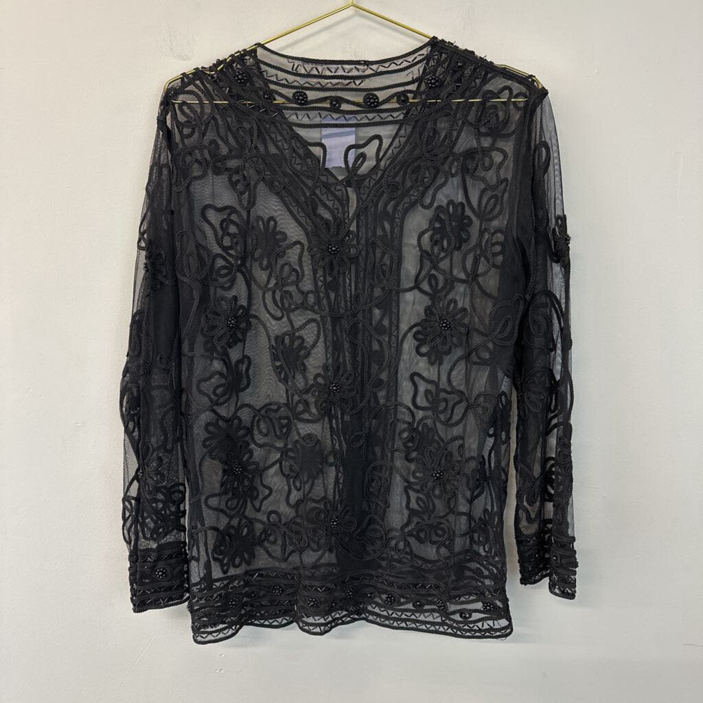 Vintage Adini Black Embroidered Beaded Sheer Jacket Large