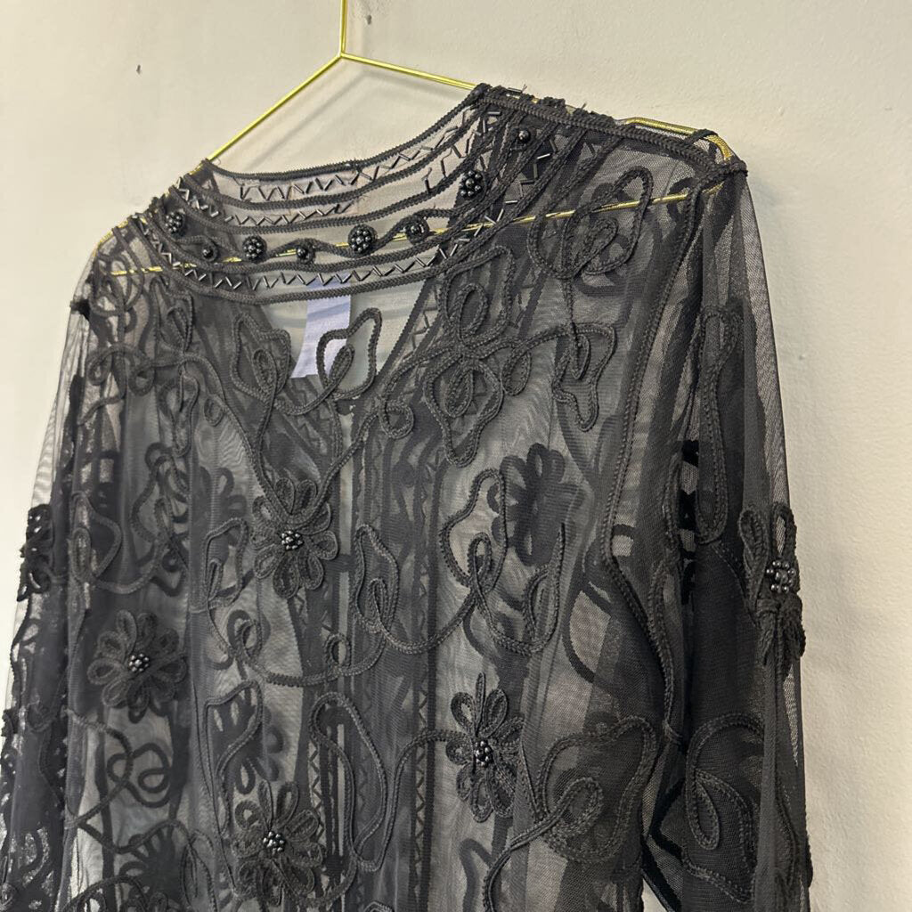 Vintage Adini Black Embroidered Beaded Sheer Jacket Large