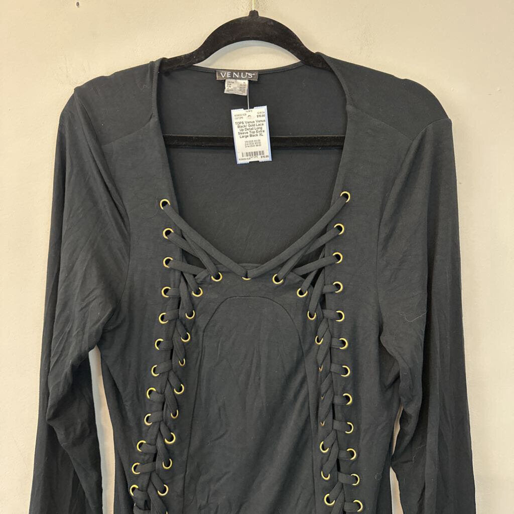 Venus Black/ Gold Lace Up Detail Long Sleeve Top Extra Large