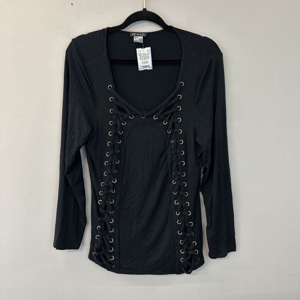 Venus Black/ Gold Lace Up Detail Long Sleeve Top Extra Large