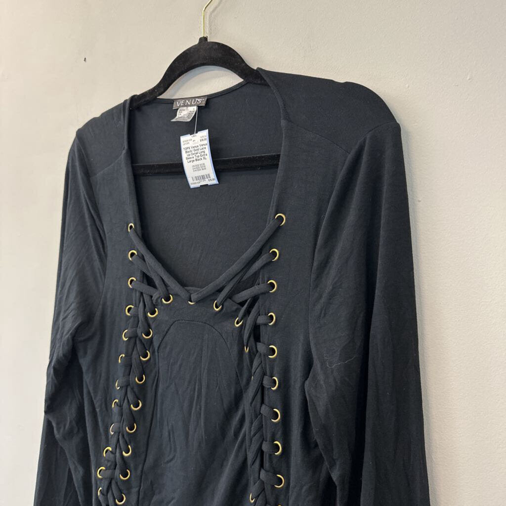 Venus Black/ Gold Lace Up Detail Long Sleeve Top Extra Large