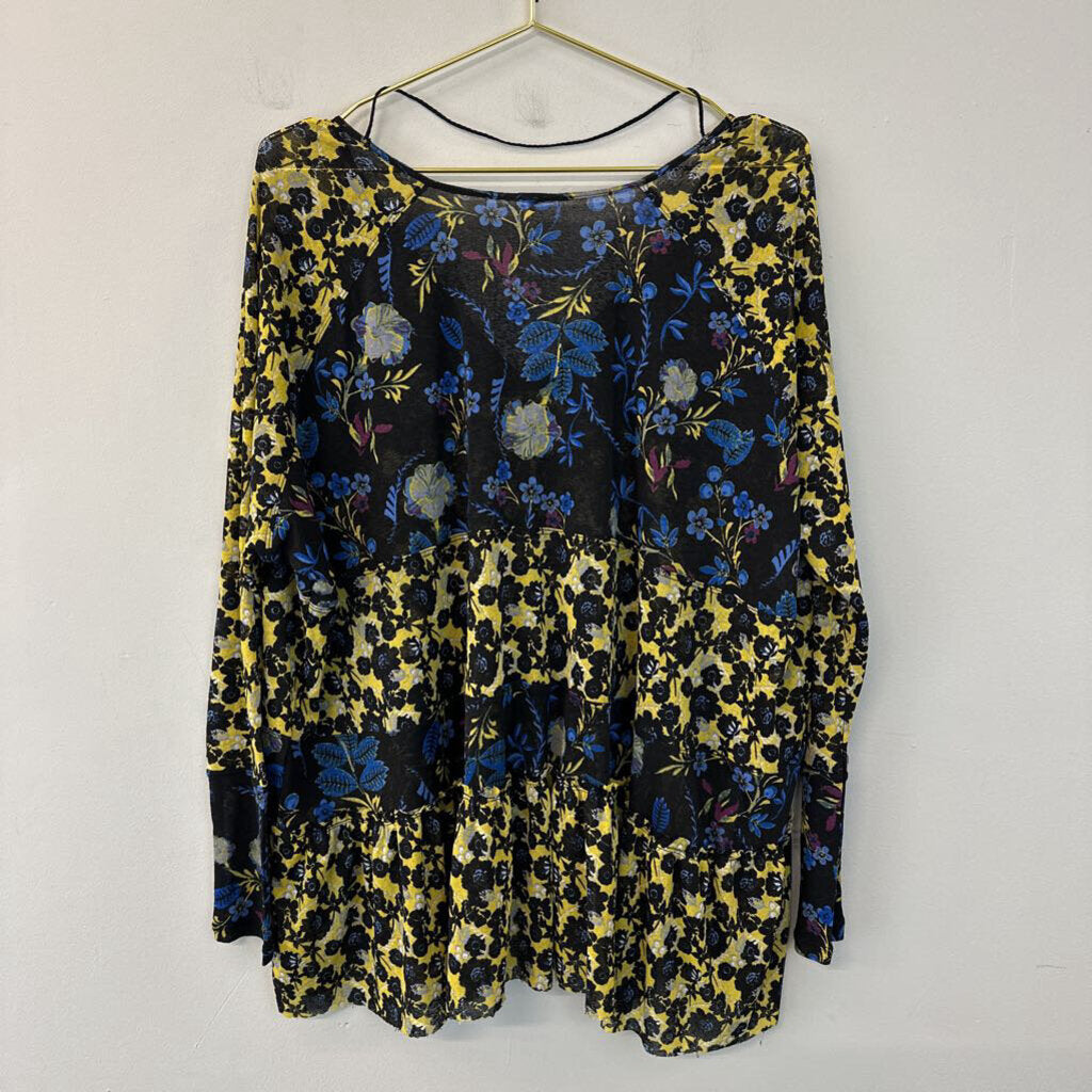 Free People Black/ Multi Flower Print Long Sleeve Tunic Top Small