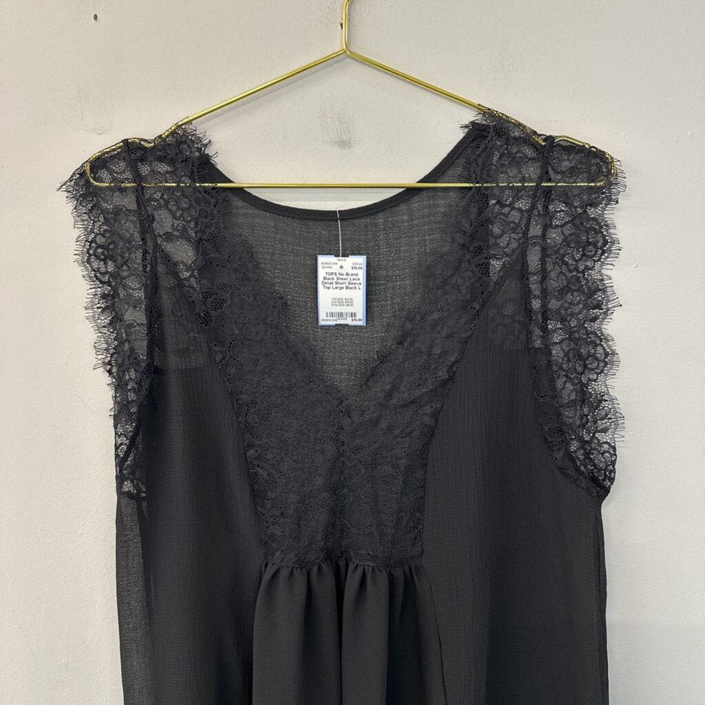 Black Sheer Lace Detail Short Sleeve Top Large