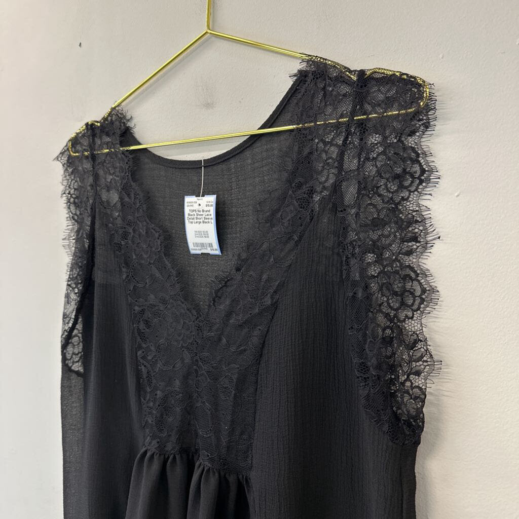 Black Sheer Lace Detail Short Sleeve Top Large