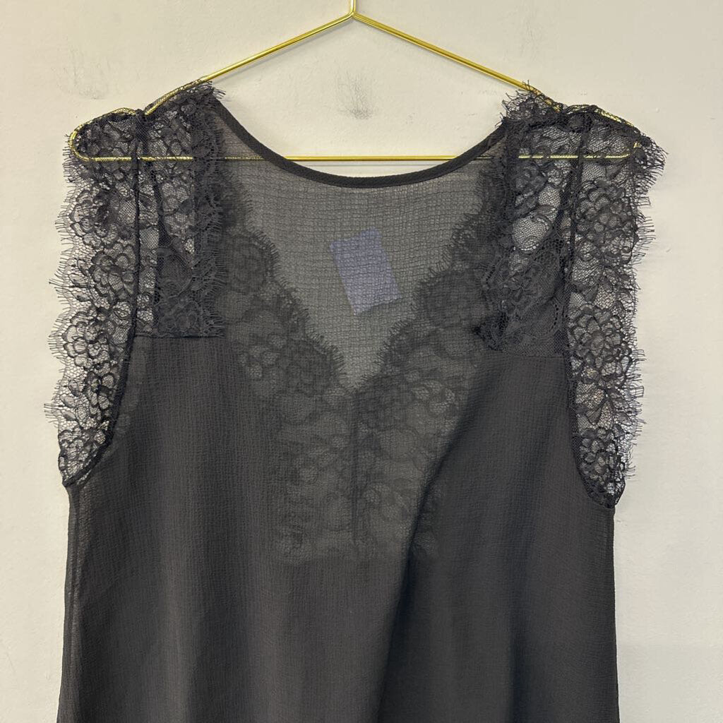 Black Sheer Lace Detail Short Sleeve Top Large