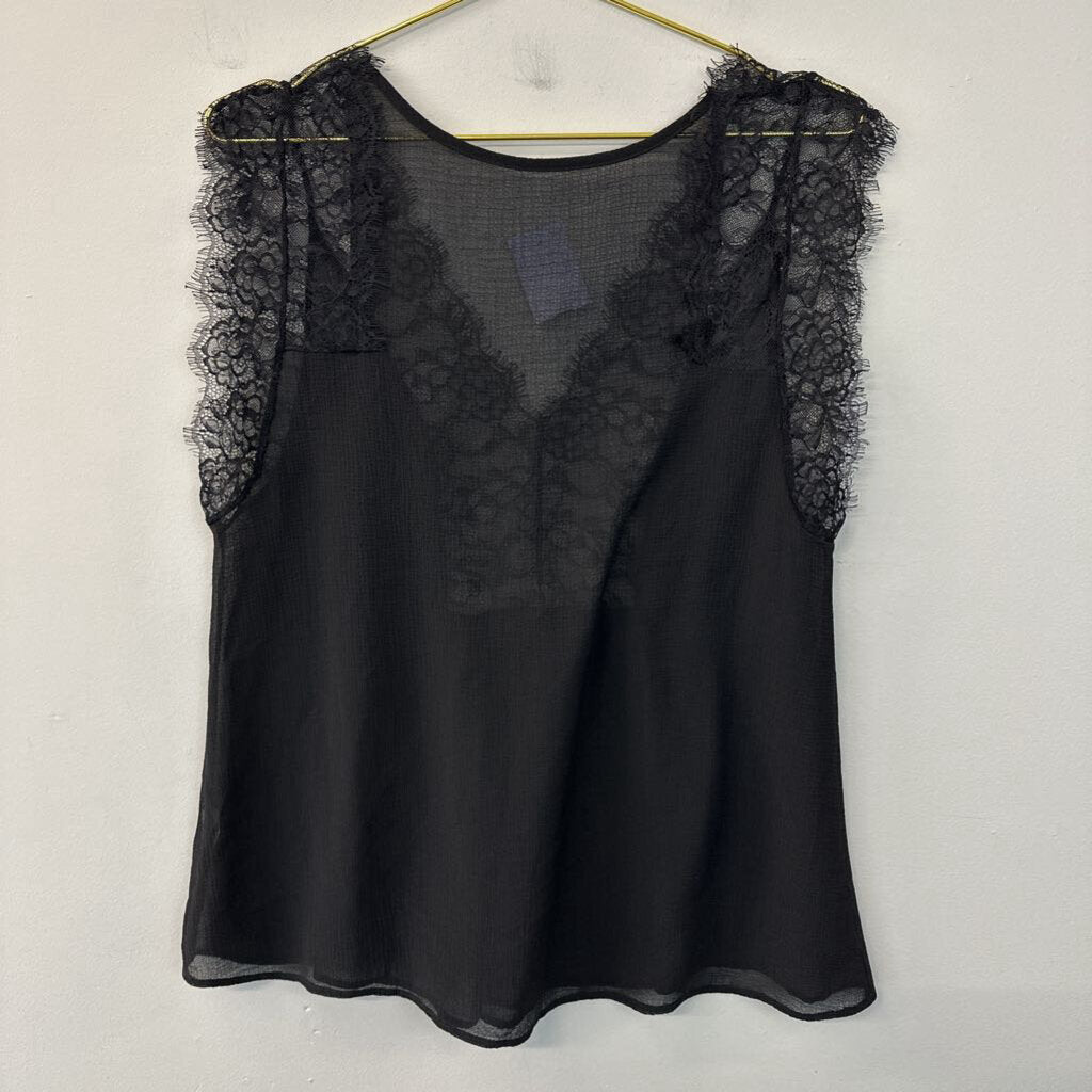 Black Sheer Lace Detail Short Sleeve Top Large