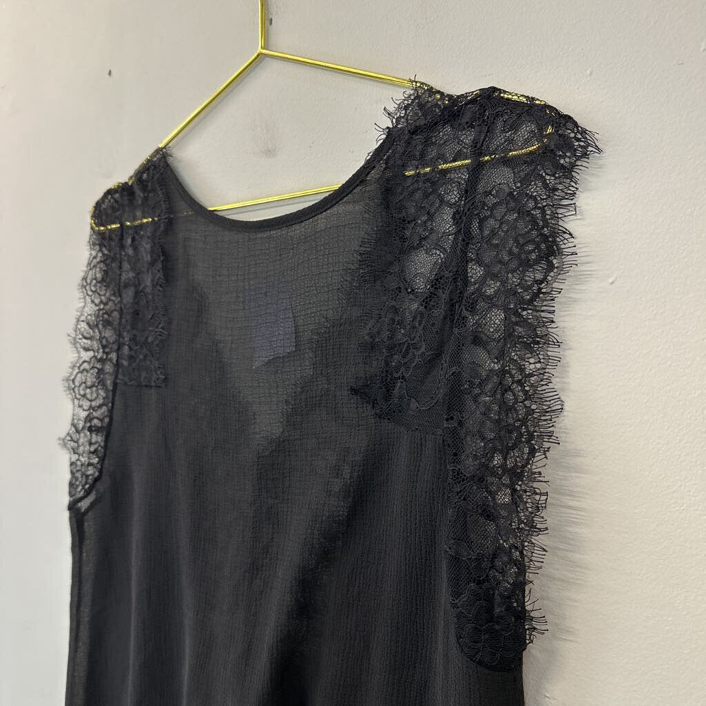 Black Sheer Lace Detail Short Sleeve Top Large