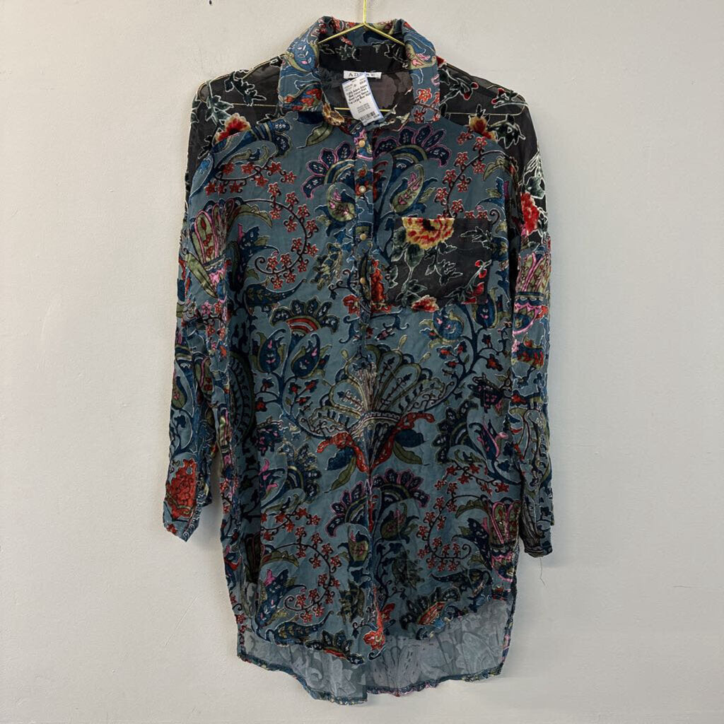 Adore Blue Velvet Print Sheer Long Sleeve Top Large