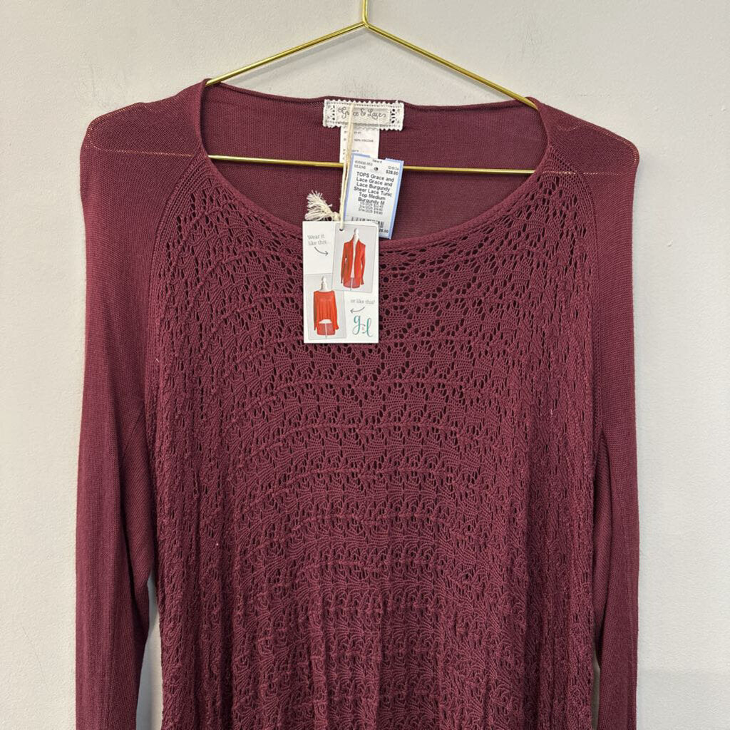 Grace and Lace Burgundy Sheer Lace Tunic Top Medium