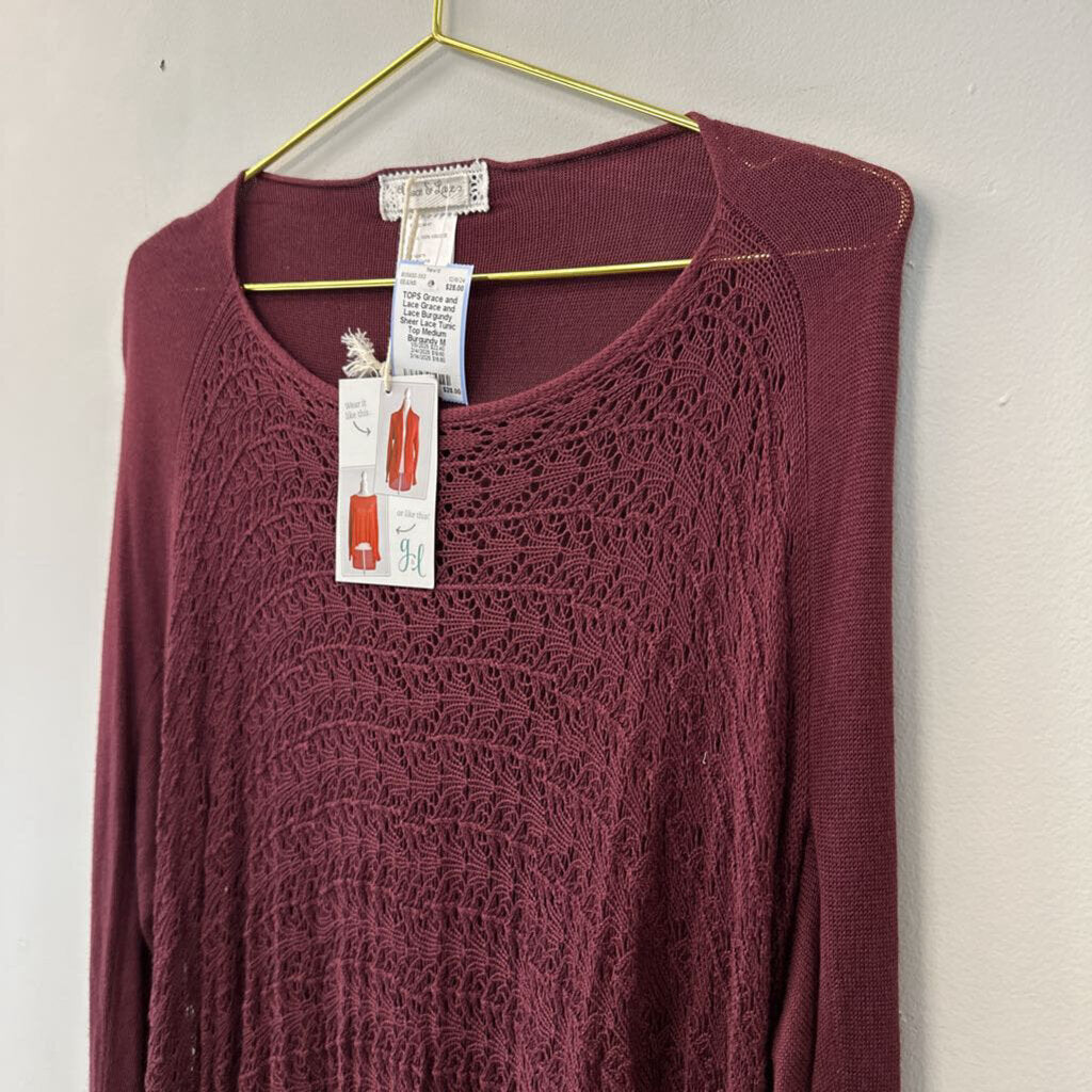 Grace and Lace Burgundy Sheer Lace Tunic Top Medium