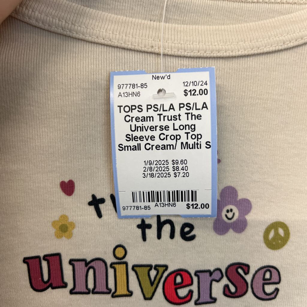 PS/LA Cream Trust The Universe Long Sleeve Crop Top Small