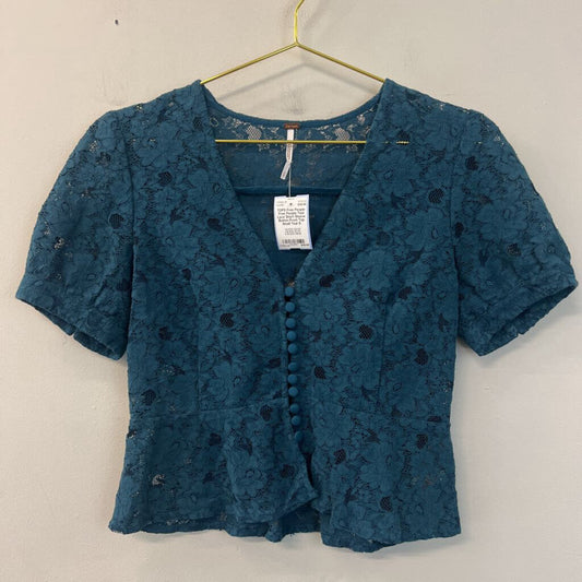 Free People Teal Lace Short Sleeve Button Front Top Small