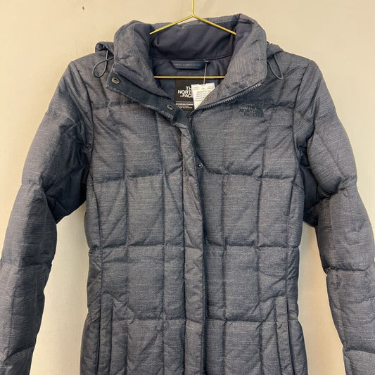 The North Face Blue Quilted Puffer Long Hooded Jacket Small