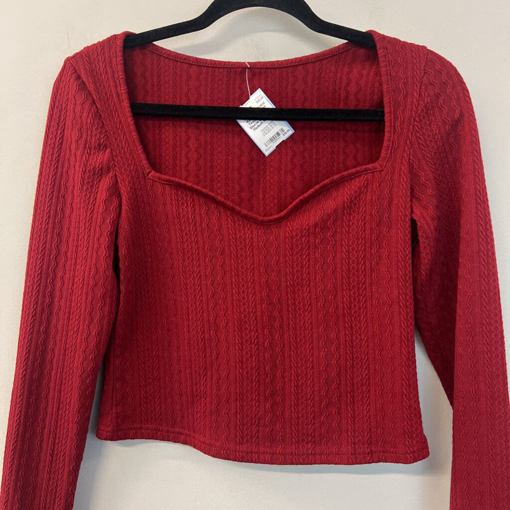 Red Cable Knit Textured Long Sleeve Crop Top Medium