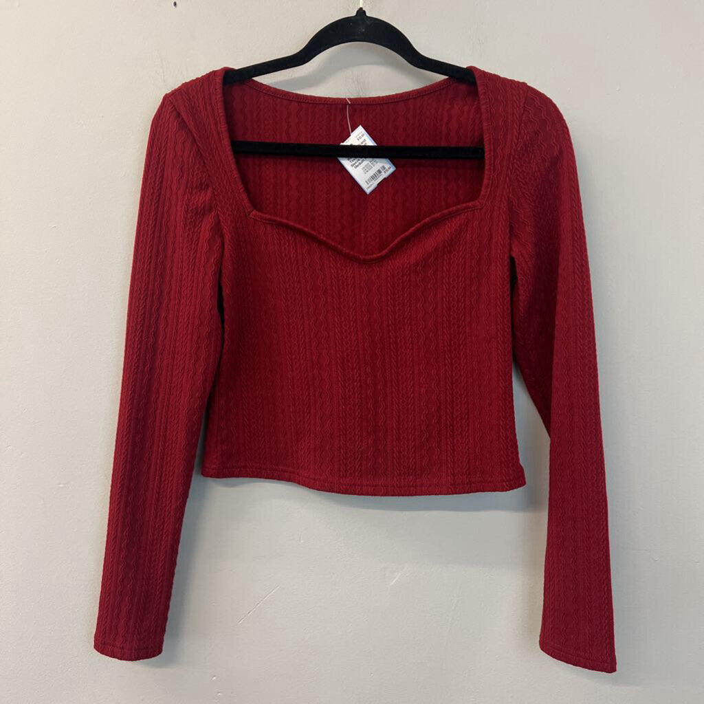 Red Cable Knit Textured Long Sleeve Crop Top Medium