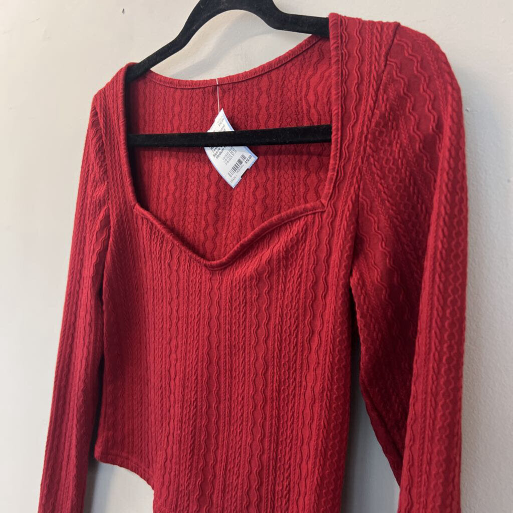 Red Cable Knit Textured Long Sleeve Crop Top Medium