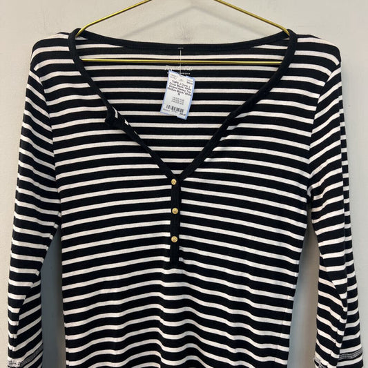 J Crew Black/ White Striped Henley Top Medium