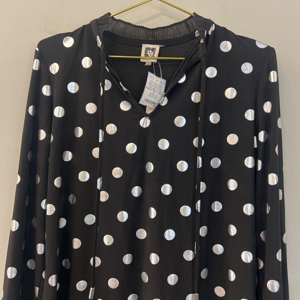 Anne Klein Black/ Silver Polka Dot Long Sleeve Top Medium