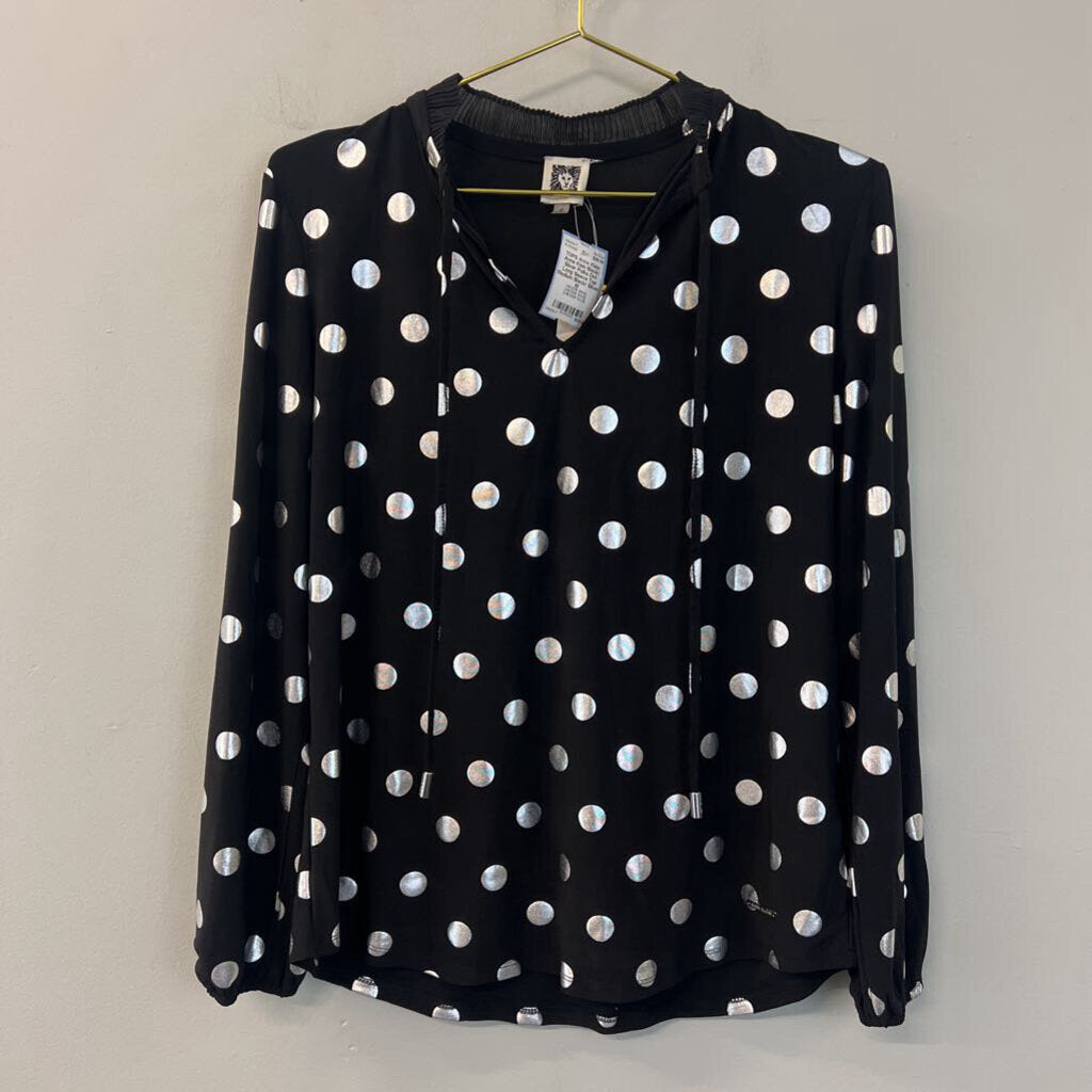 Anne Klein Black/ Silver Polka Dot Long Sleeve Top Medium