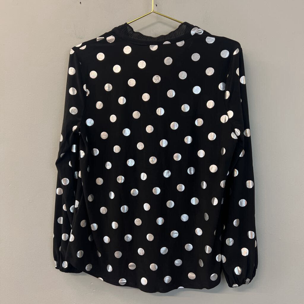 Anne Klein Black/ Silver Polka Dot Long Sleeve Top Medium