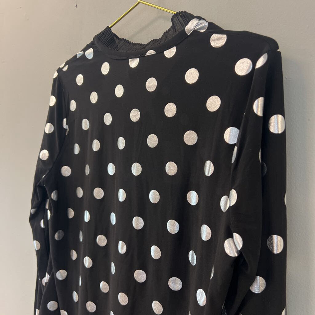 Anne Klein Black/ Silver Polka Dot Long Sleeve Top Medium