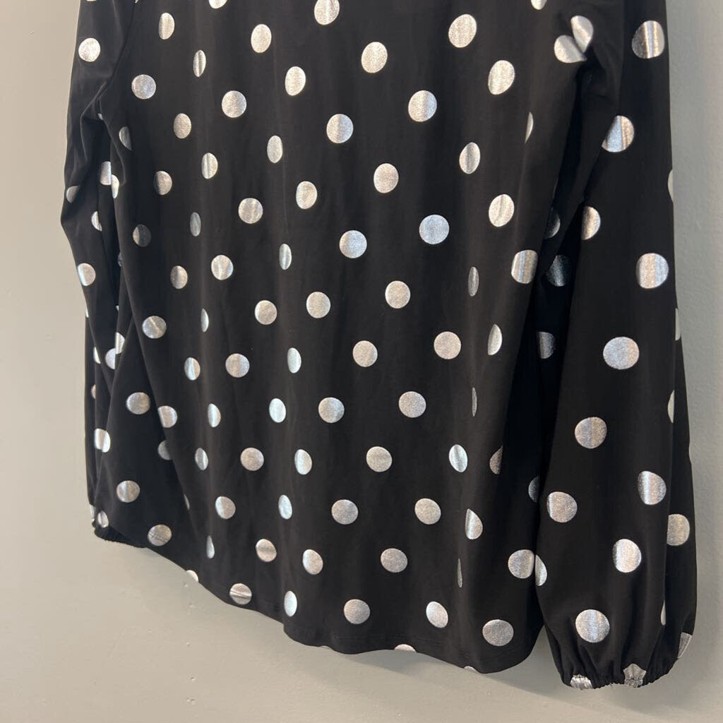 Anne Klein Black/ Silver Polka Dot Long Sleeve Top Medium