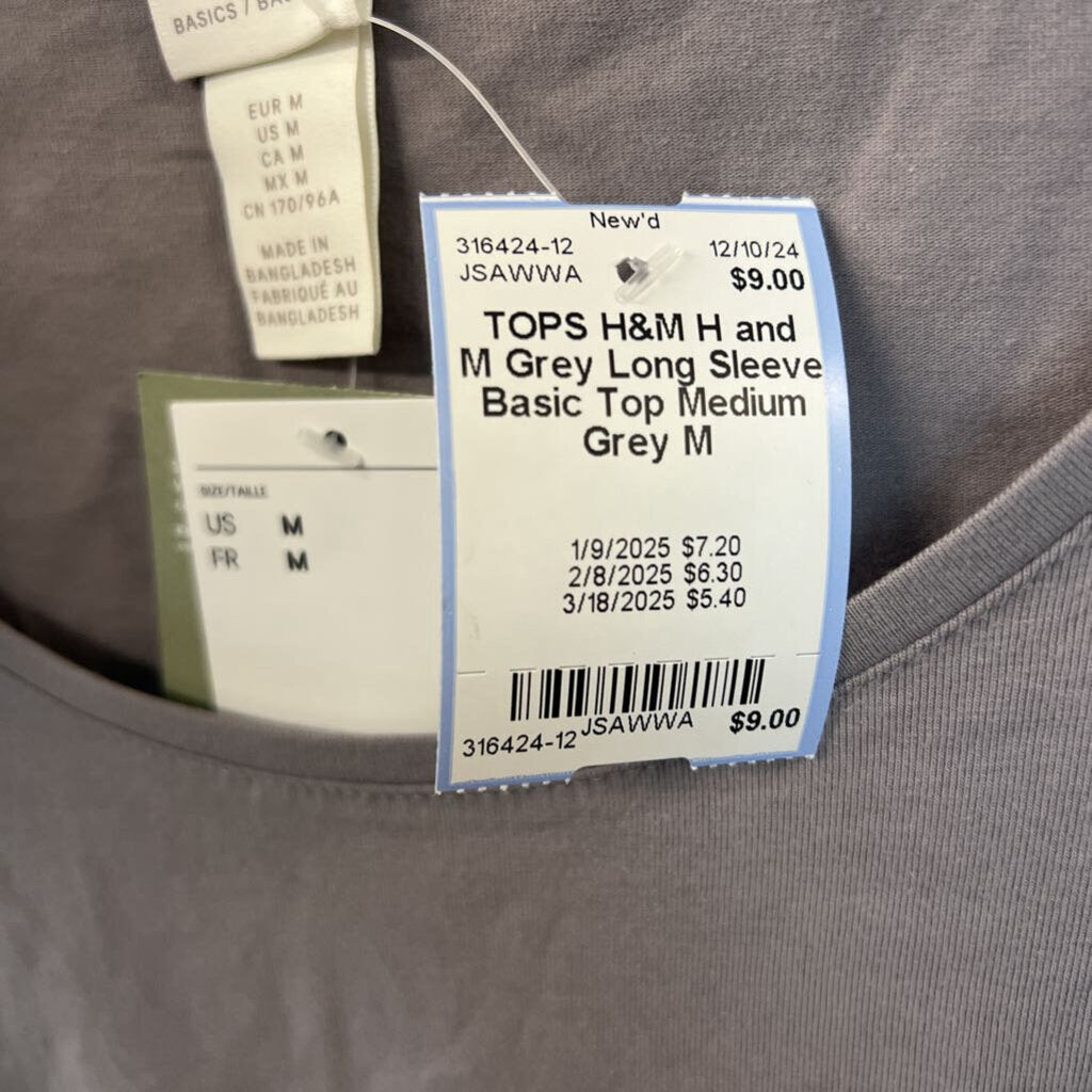 H and M Grey Long Sleeve Basic Top Medium