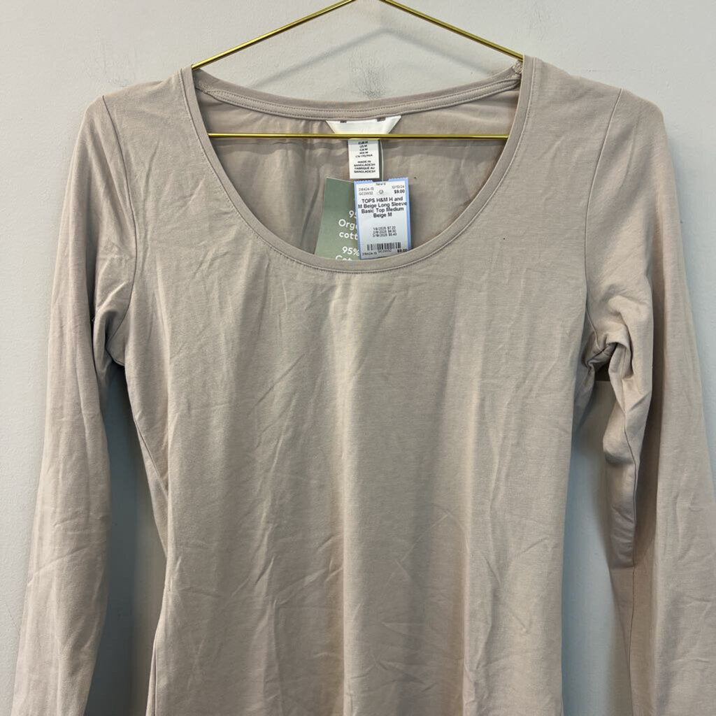 H and M Beige Long Sleeve Basic Top Medium