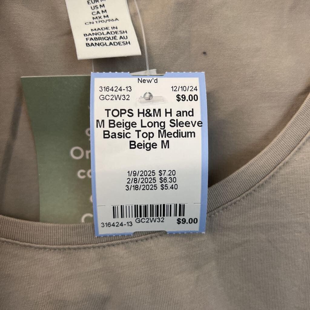 H and M Beige Long Sleeve Basic Top Medium