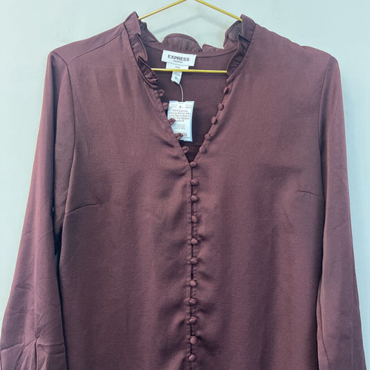 Express Brown Silky Long Sleeve Button Down Top Medium