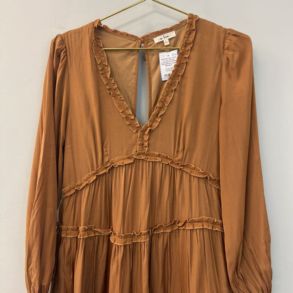 In Loom Brown Long Sleeve Ruffle Detail Dress Large