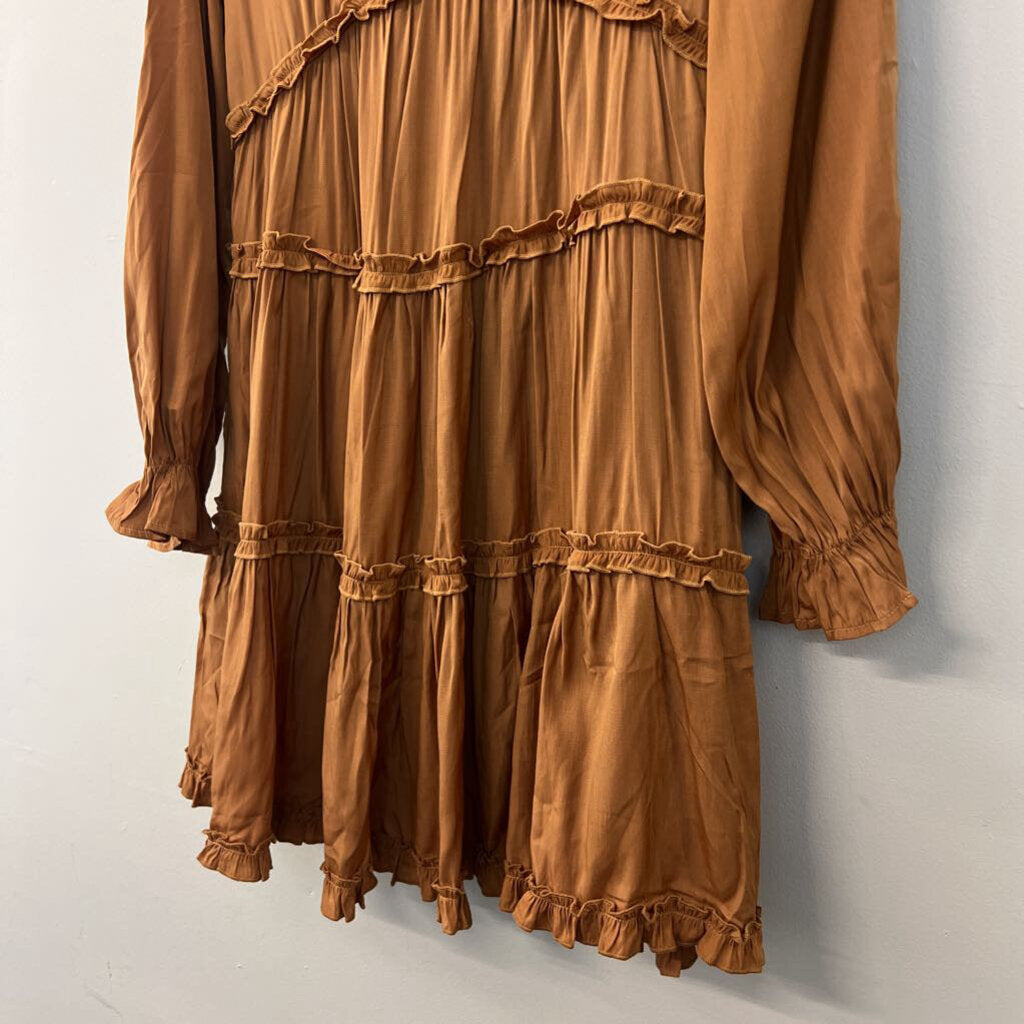 In Loom Brown Long Sleeve Ruffle Detail Dress Large