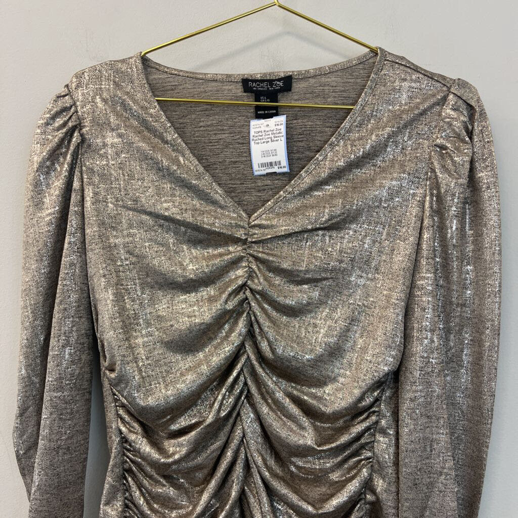 Rachel Zoe Metallic Ruched Long Sleeve Top Large