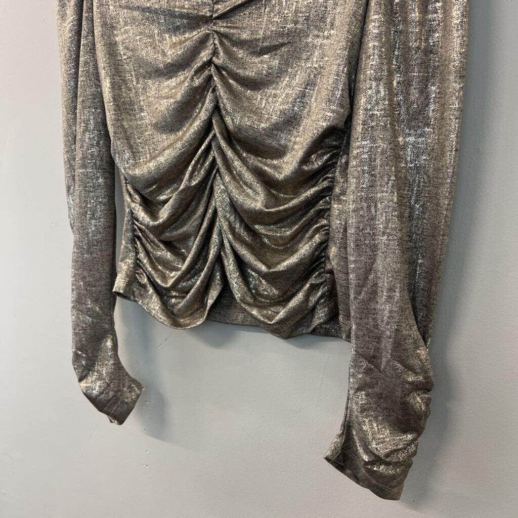 Rachel Zoe Metallic Ruched Long Sleeve Top Large