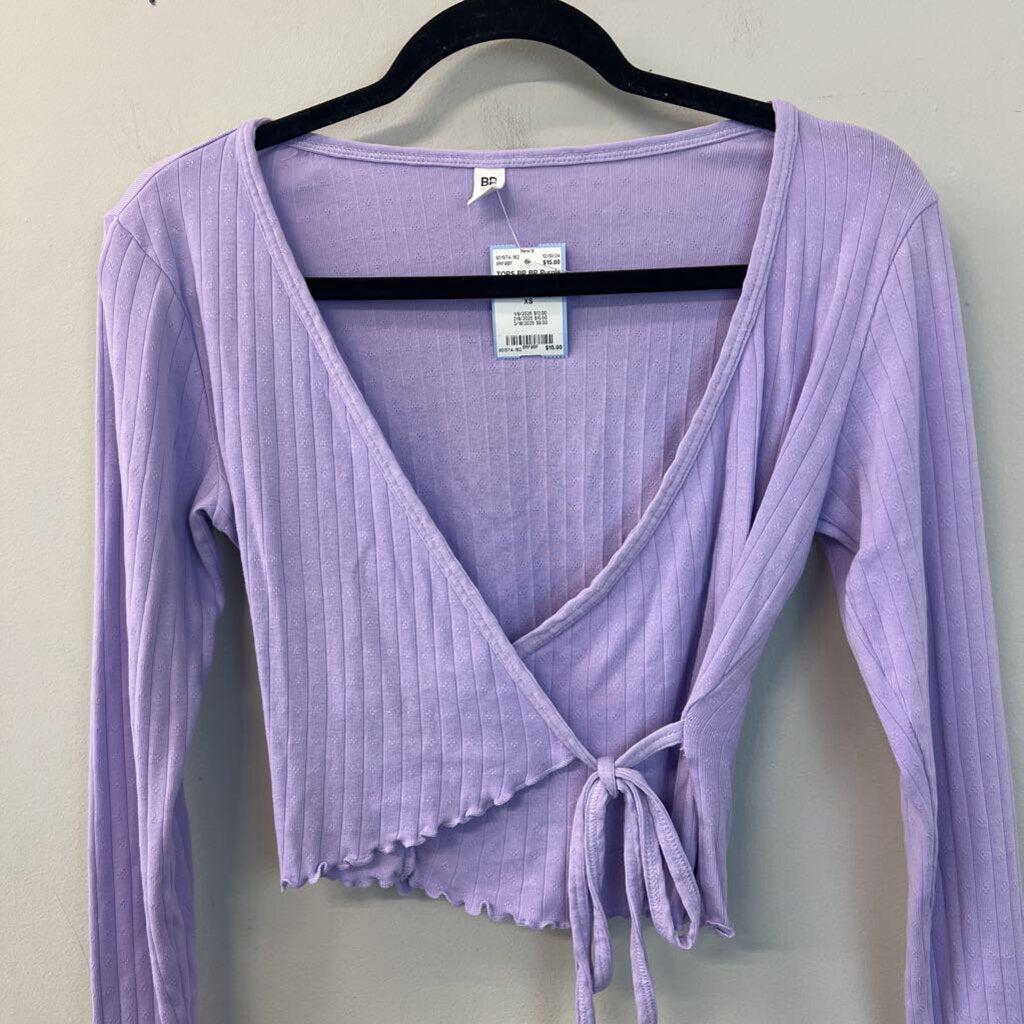 BP Purple Long Sleeve Cropped Wrap Top Extra Small