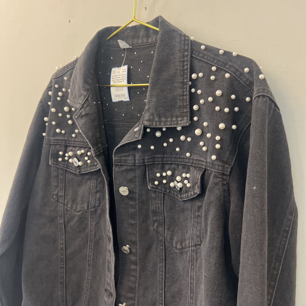 Black Denim Jacket with Pearls Medium