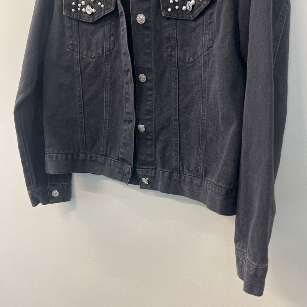 Black Denim Jacket with Pearls Medium