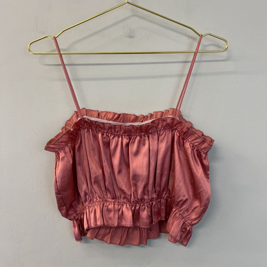 Pink Silky Ruffle Crop Tank Large