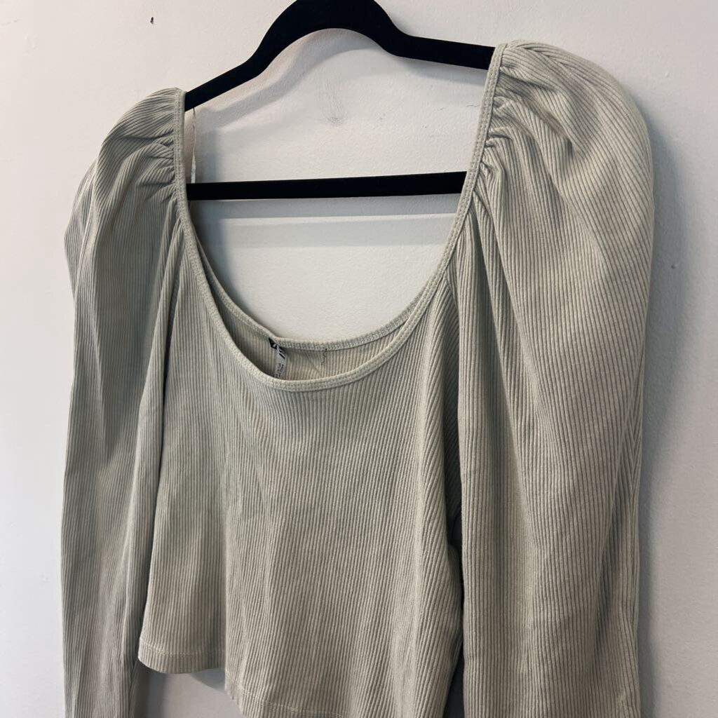 Zara Green Ribbed Long Puff Sleeve Top Medium