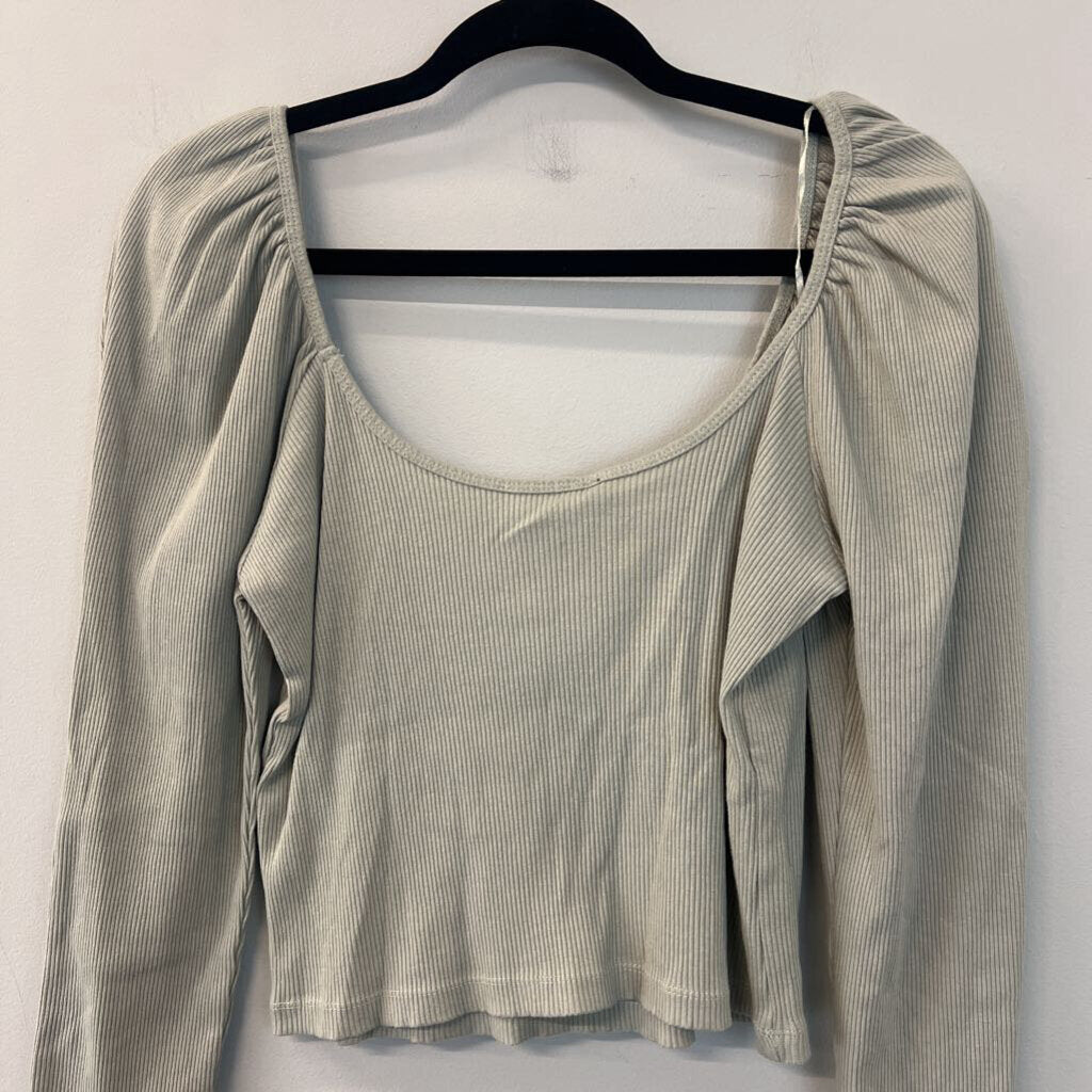 Zara Green Ribbed Long Puff Sleeve Top Medium