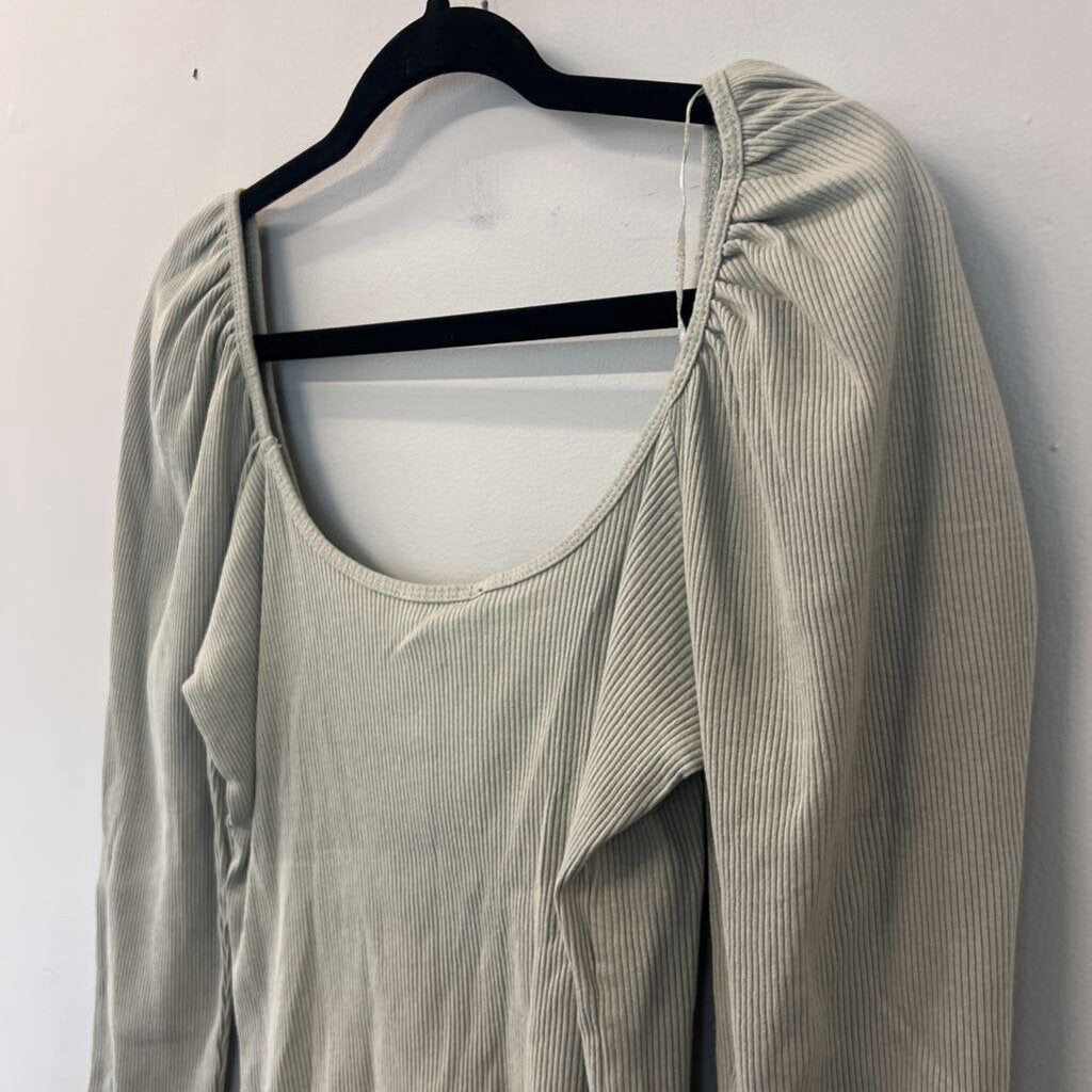 Zara Green Ribbed Long Puff Sleeve Top Medium