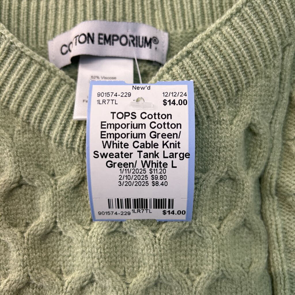 Cotton Emporium Green/ White Cable Knit Sweater Tank Large