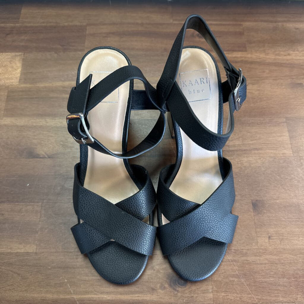 Kaari Blue Black Pebbled Leather Strappy Sandal Block Heels 8.5