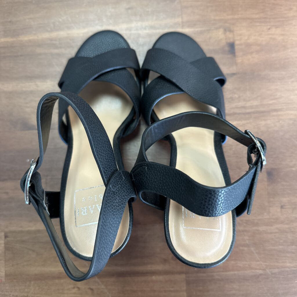 Kaari Blue Black Pebbled Leather Strappy Sandal Block Heels 8.5