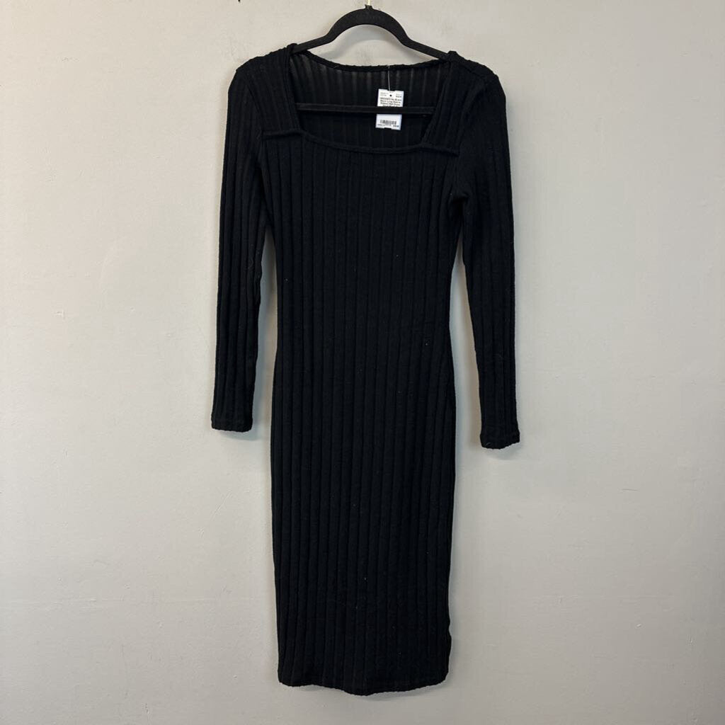 Black Long Sleeve Ribbed Midi Dress Small